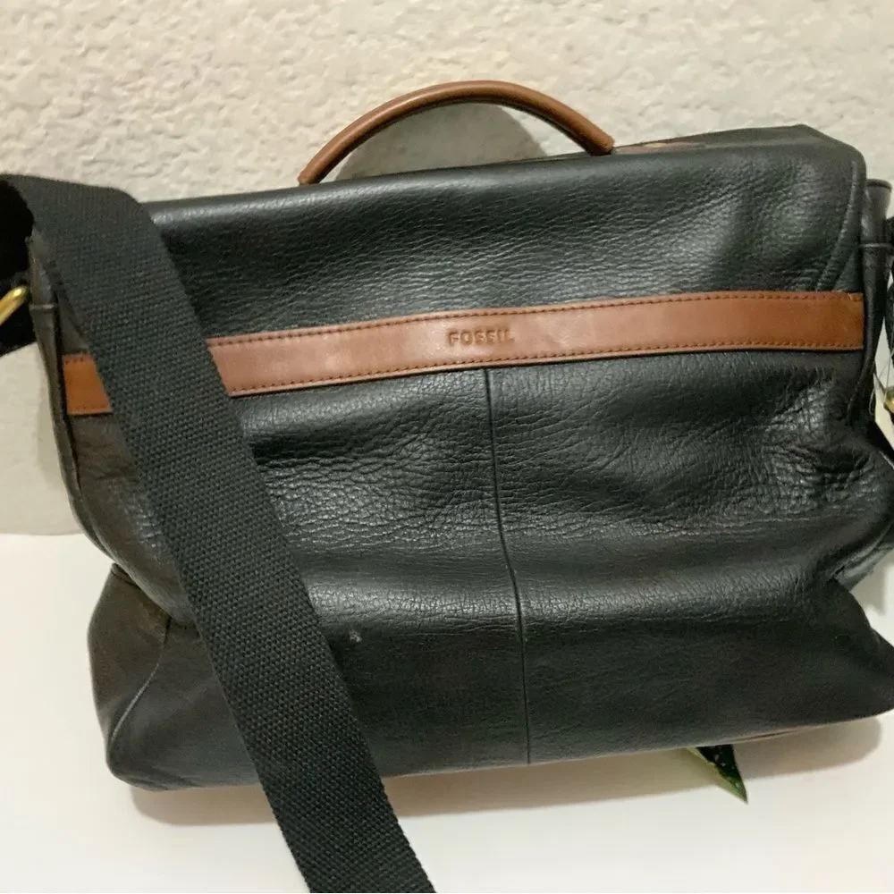 Fossil Black Leather Evan Commuter Satchel Messenger Bag New